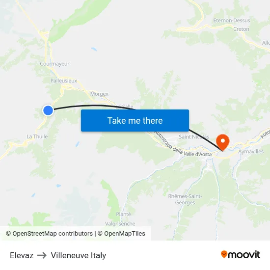 Elevaz to Villeneuve Italy map