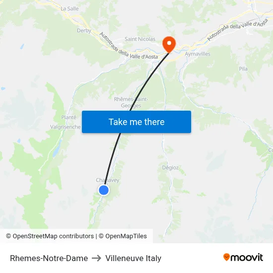 Rhemes-Notre-Dame to Villeneuve Italy map