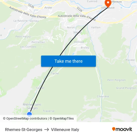 Rhemes-St-Georges to Villeneuve Italy map