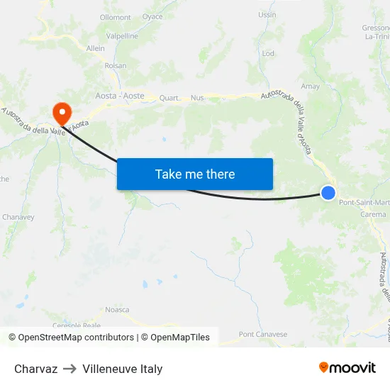 Charvaz to Villeneuve Italy map