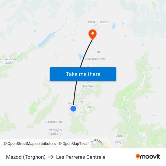 Mazod (Torgnon) to Les Perreres Centrale map