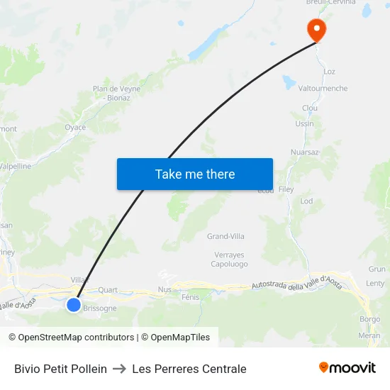 Petit Pollein Junction to Les Perreres Central map