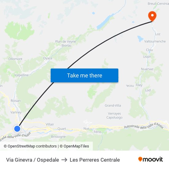 Via Ginevra / Ospedale to Les Perreres Centrale map