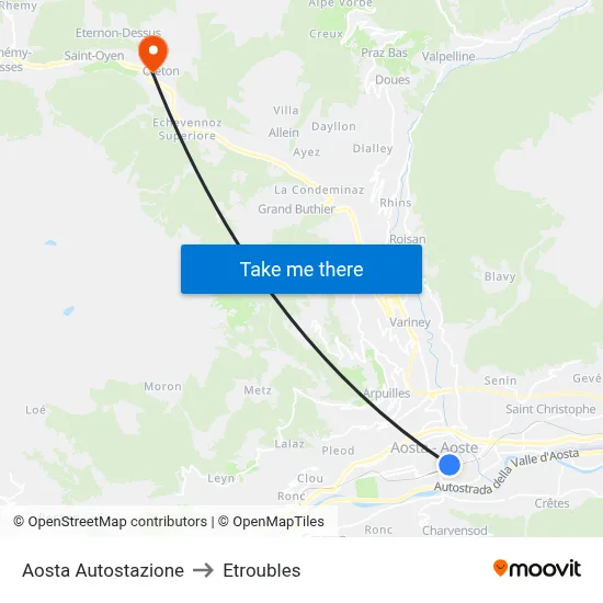 Aosta Bus Station to Etroubles map