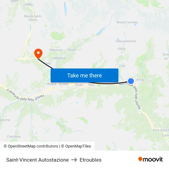 Saint-Vincent Bus Station to Etroubles map