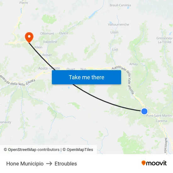 Hone Town Hall to Etroubles map