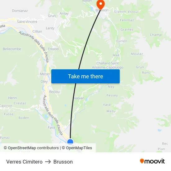 Verres Cemetery to Brusson map