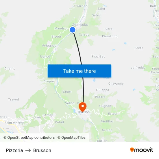 Pizzeria to Brusson map