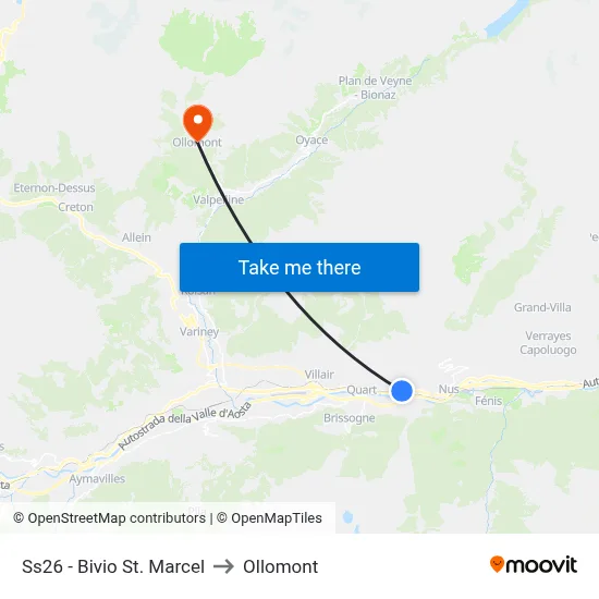 Highway 26 - St. Marcel Junction to Ollomont map