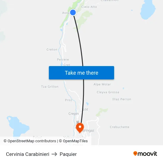 Cervinia Carabinieri to Paquier map