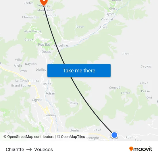 Chiaritte to Voueces map