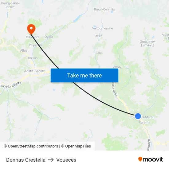 Donnas Crestella to Voueces map