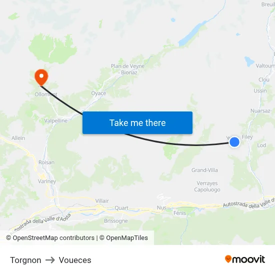 Torgnon to Voueces map