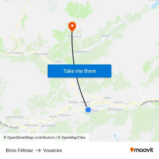 Felinaz Junction to Voueces map