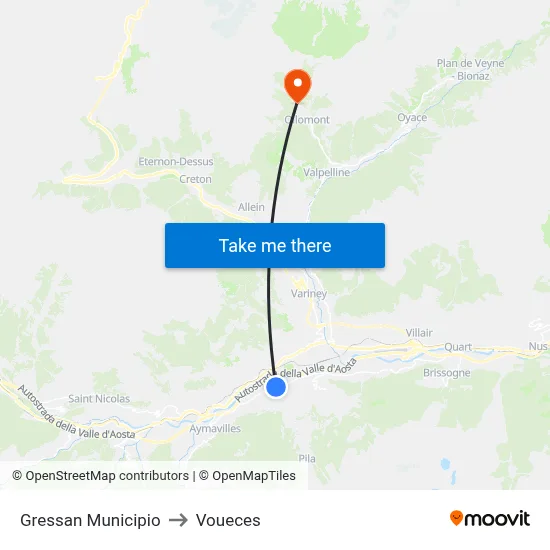 Gressan Town Hall to Voueces map
