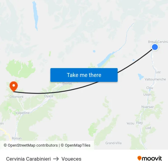 Cervinia Carabinieri to Voueces map