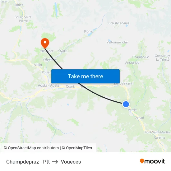 Champdepraz - Post Office to Voueces map