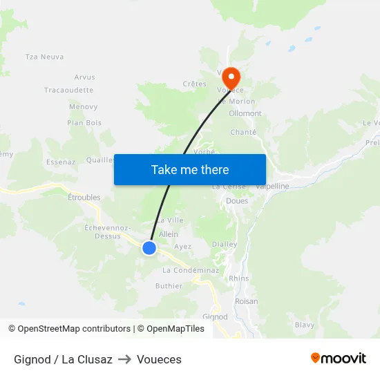 Gignod / La Clusaz to Voueces map