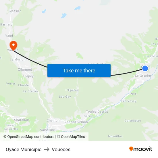 Oyace Town Hall to Voueces map