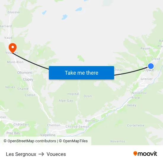 Les Sergnoux to Voueces map