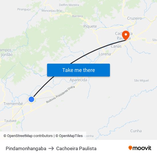 Pindamonhangaba to Cachoeira Paulista map