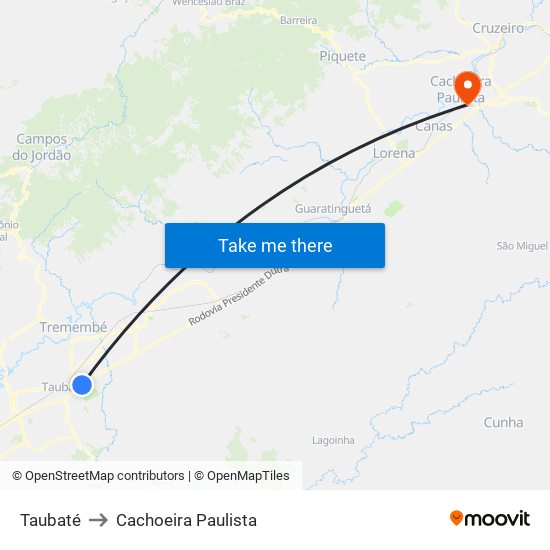 Taubaté to Cachoeira Paulista map