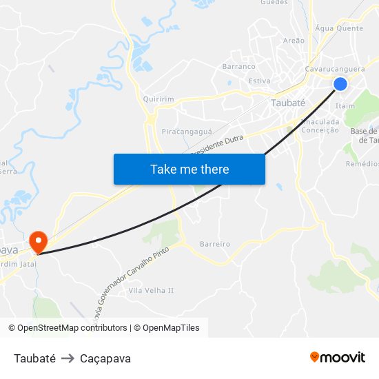 Taubaté to Caçapava map