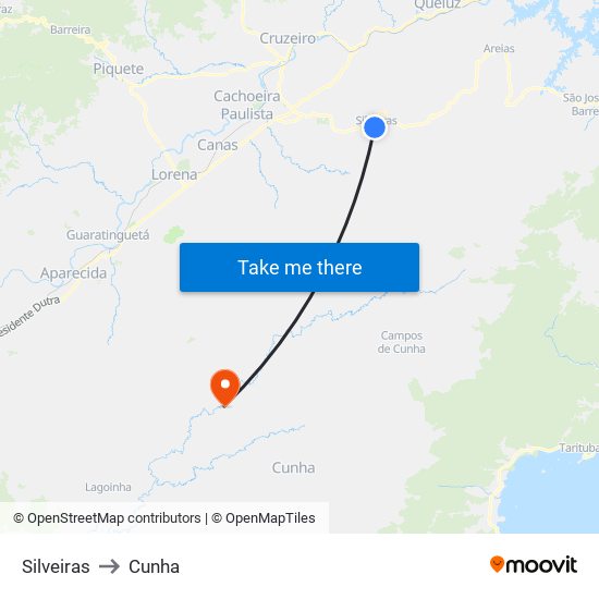 Silveiras to Cunha map