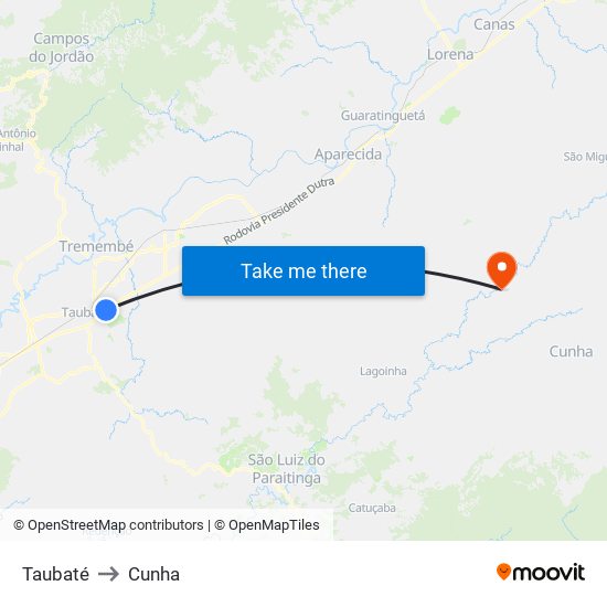 Taubaté to Cunha map