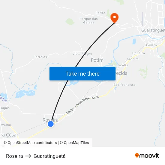 Roseira to Guaratinguetá map