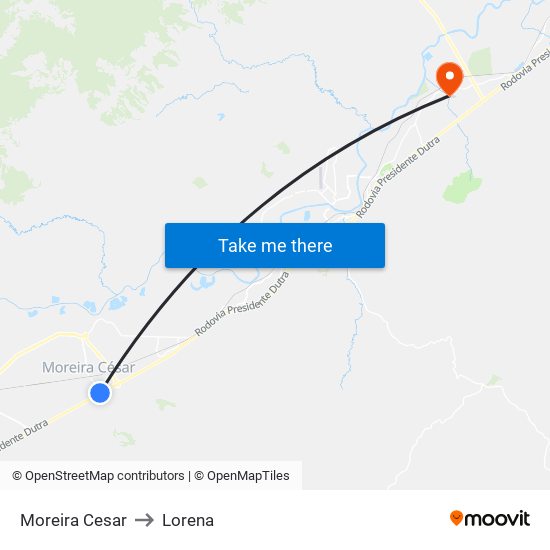 Moreira Cesar to Lorena map