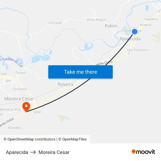 Aparecida to Moreira Cesar map