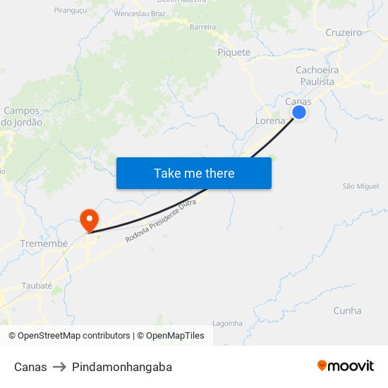Canas to Pindamonhangaba map