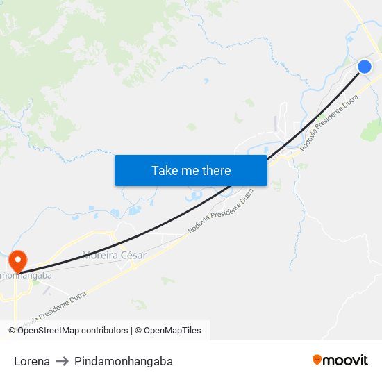 Lorena to Pindamonhangaba map