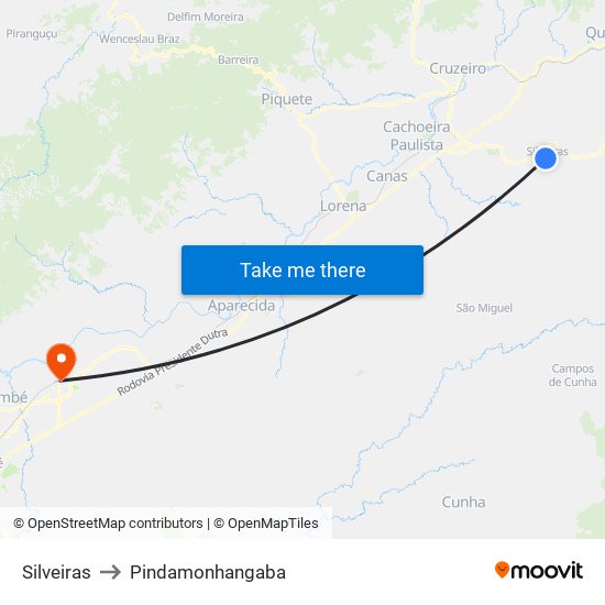 Silveiras to Pindamonhangaba map