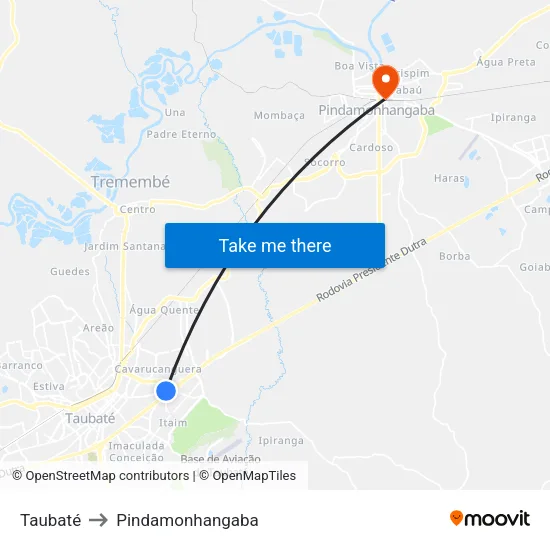 Taubaté to Pindamonhangaba map