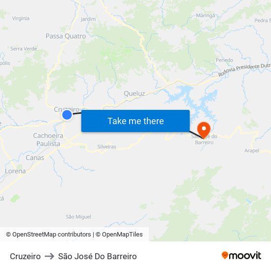 Cruzeiro to São José Do Barreiro map