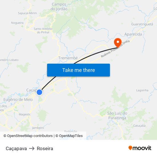 Caçapava to Roseira map