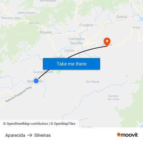 Aparecida to Silveiras map