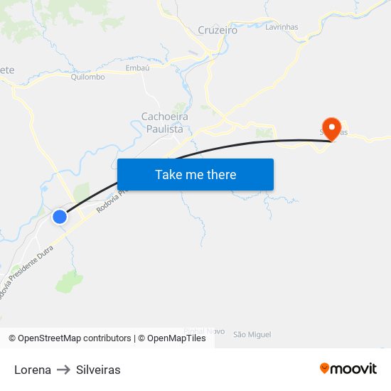 Lorena to Silveiras map