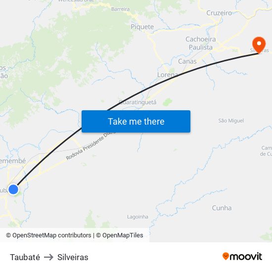 Taubaté to Silveiras map