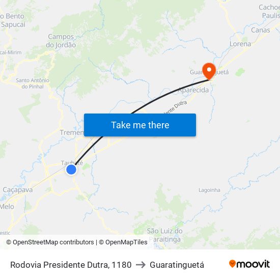 Rodovia Presidente Dutra, 1180 to Guaratinguetá map