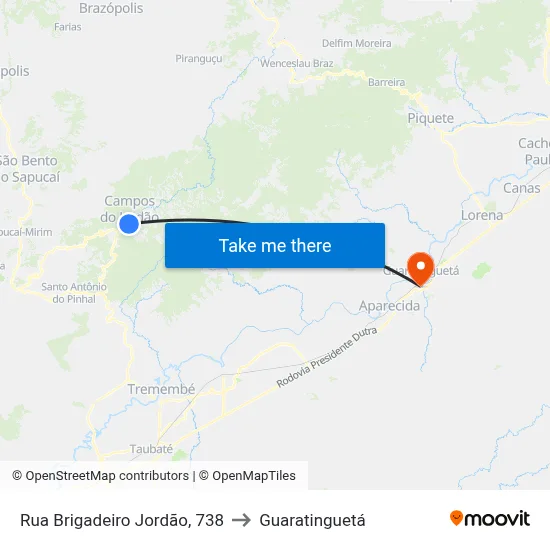 Rua Brigadeiro Jordão, 738 to Guaratinguetá map