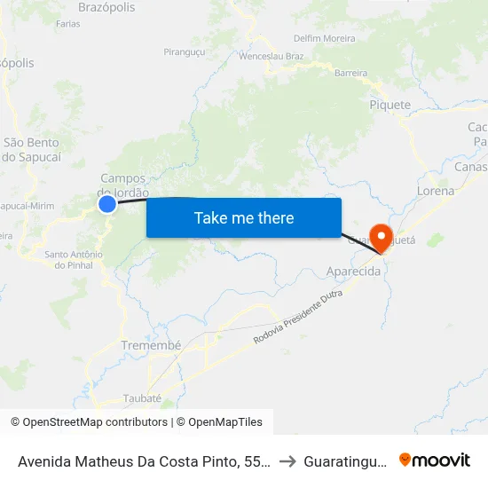 Avenida Matheus Da Costa Pinto, 55-247 to Guaratinguetá map