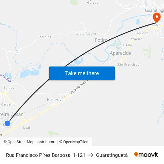 Rua Francisco Píres Barbosa, 1-121 to Guaratinguetá map