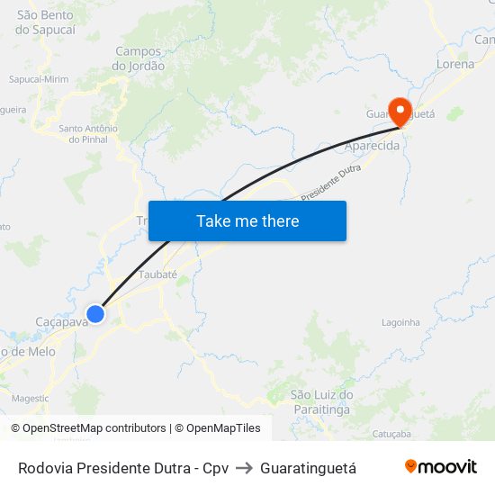 Rodovia Presidente Dutra - Cpv to Guaratinguetá map