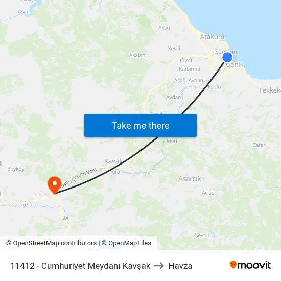 11412 - Cumhuriyet Meydanı Kavşak to Havza map