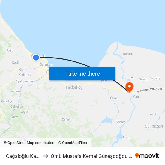 Cağaloğlu Kavşağı to Omü Mustafa Kemal Güneşdoğdu Yerleşkesi map