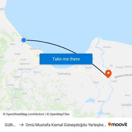 Gülhan to Omü Mustafa Kemal Güneşdoğdu Yerleşkesi map