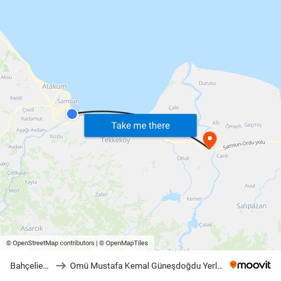 Bahçelievler to Omü Mustafa Kemal Güneşdoğdu Yerleşkesi map